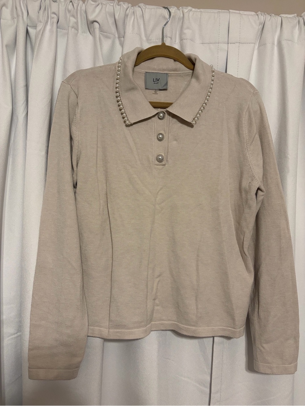 Pearl-Trim Long Sleeve Polo - Cream